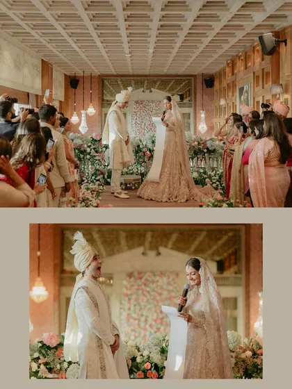 Suchita and Nisarg chose to read personal vows to each other, a modern touch that made their ceremony incredibly personal. This collage captures the laughter and emotion of that beautiful exchange.