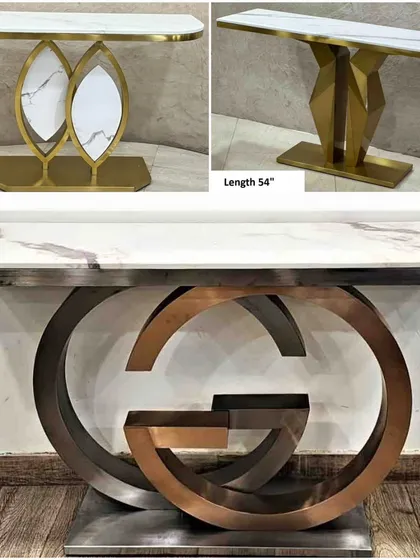 We can create make-to-order console tables in various premium designs, including geometric and logo-inspired bases.