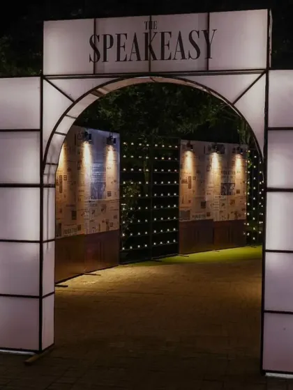 The entrance to "The Speakeasy." We built this custom archway to set the tone from the moment guests arrived, creating a sense of mystery and excitement.
