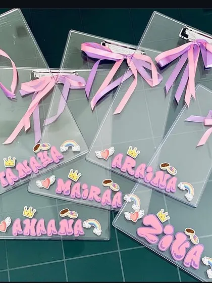 Personalised transparent clipboards, perfect for keeping kids motivated during exams. We can add names and cute charms to make them extra special.