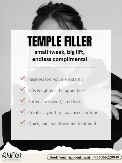 A temple filler is a small tweak that delivers a big lift. This quick treatment restores lost volume in the temple area, which softens a tired look and creates a more youthful, balanced facial contour.