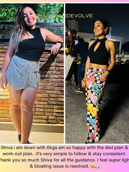 Down by 6 kgs in 30 days. This client is happy with her diet and workout plan, feeling lighter and resolving her bloating issues. A true transformation triumph.