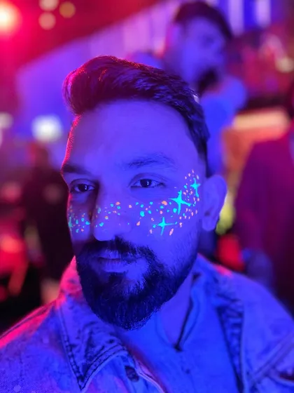 A more subtle neon look with scattered stars and dots. It's like having your own personal galaxy glowing on your face.