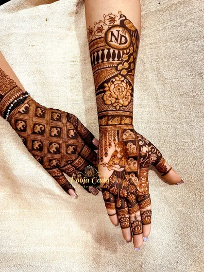 A unique take on an engagement design, with one hand featuring a traditional grid pattern and the other showcasing a personalized story with figures and initials.