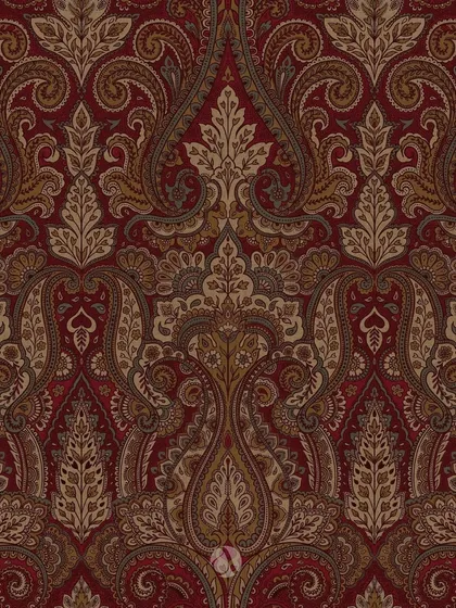 A detailed view of the Begum Jaal wallpaper pattern in a classic red and gold. This maximalist design is a celebration of abundance, with intricate paisleys creating a tapestry of curated chaos.