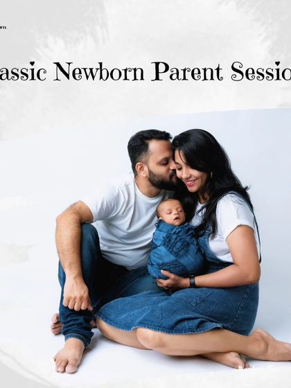 An informational graphic showcasing my classic newborn parent sessions, featuring a family in denim enjoying a moment together.