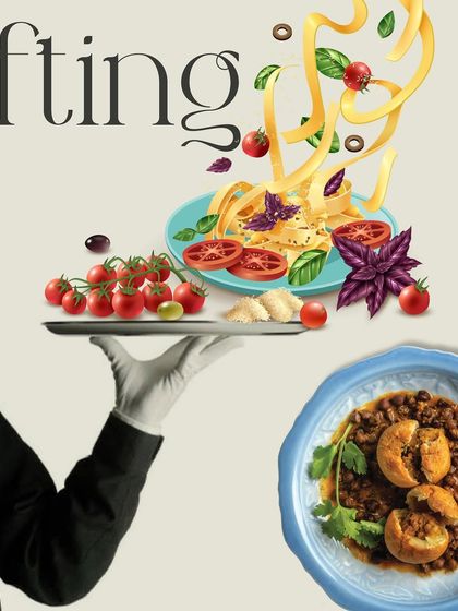 A graphic illustrating our brand ethos where creativity meets cuisine. The image of a white-gloved server presenting a platter of fresh ingredients symbolizes our commitment to crafting indulgent flavors and plated perfection.