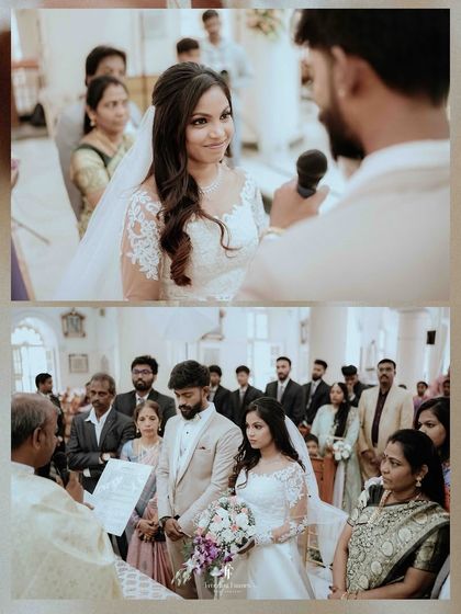 A diptych from a Christian wedding ceremony, showing the couple exchanging vows and standing together at the altar.