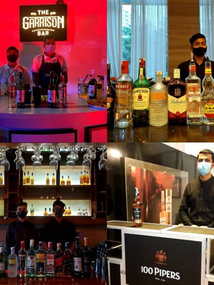 This collage demonstrates the variety of our bar setups, from the moody, red-lit 'The Garrison Bar' to clean, branded counters for 100 Pipers and displays for Jameson and Smirnoff.