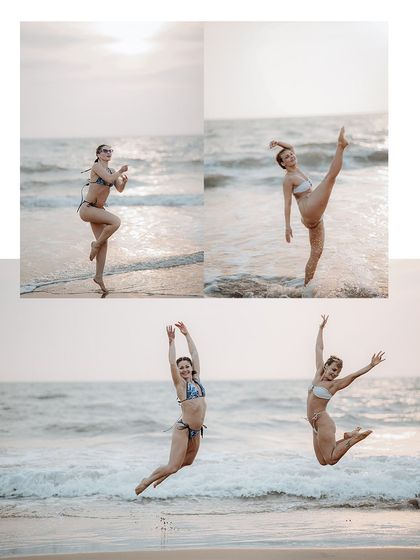This set of images captures the playful and athletic side of a beach shoot. It's perfect for fitness or swimwear brands looking for dynamic content.