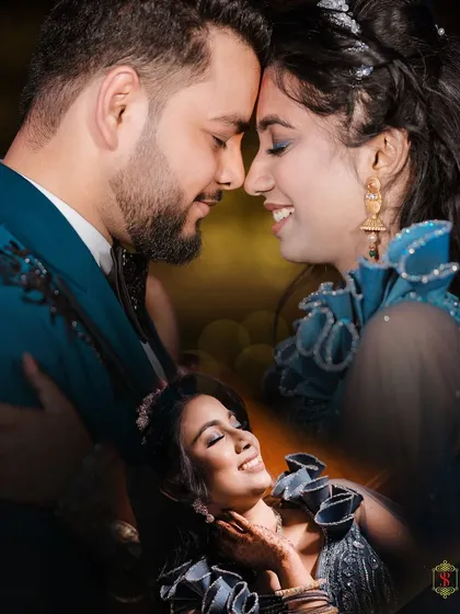 A romantic collage of close-up portraits of the couple from their engagement night.