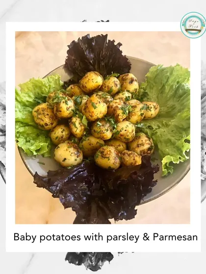 A simple yet delicious side dish: baby potatoes tossed with fresh parsley and Parmesan cheese. These are a great accompaniment to any of my Italian main courses.