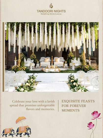 An exquisite setup for a traditional wedding ceremony. The pristine white decor with floral hangings creates a serene and beautiful ambiance, ready for a feast that honors the sacred moments.