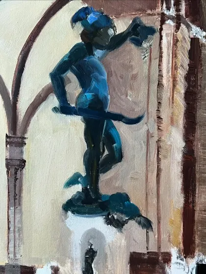 A work-in-progress shot of the Perseus statue painting. I often start multiple works at once, which allows me to keep painting while other pieces are drying.