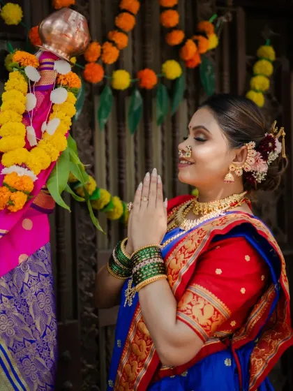 A moment of prayer and gratitude during the Gudi Padwa festival. The model's serene profile, with hands joined in 'namaste', captures the spiritual essence of the celebration.
