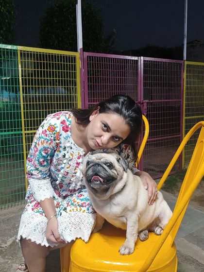 Manpreet sharing a cuddle with a sweet Pug on a bright yellow chair. We make sure every guest gets their share of lap time and personal affection.