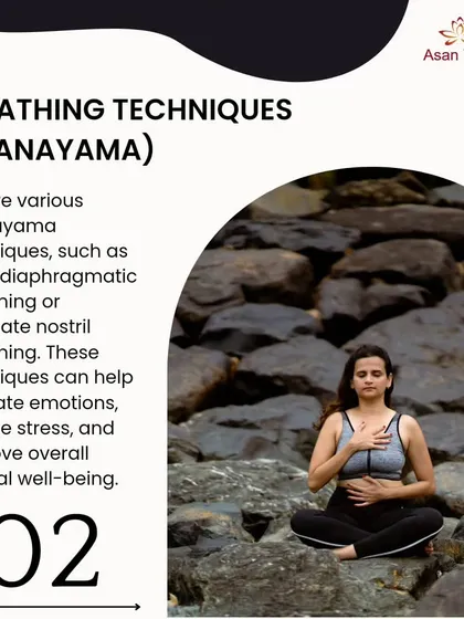 An infographic explaining the benefits of pranayama (breathing techniques) like alternate nostril breathing for regulating emotions and reducing stress.