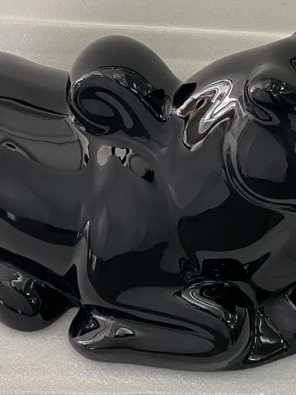 'Untitled' black sculpture by Arunkumar H G, made from paper pulp.
