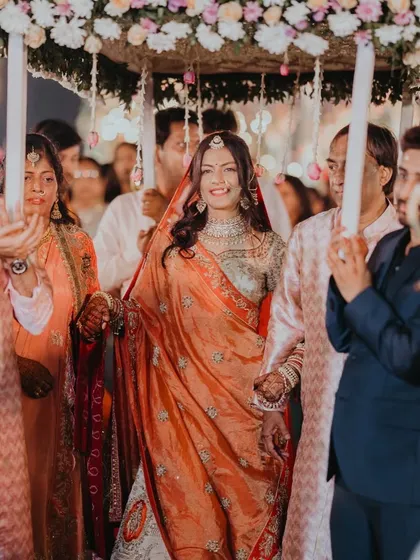 A bride's walk to her future, sheltered by a beautiful phoolon ki chaadar held by her loved ones. I coordinate these traditional entries to be both emotionally resonant and visually stunning.