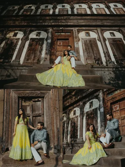 A collage of the couple posing on the steps of a traditional wada in Nashik, showcasing the beautiful woodwork and architecture.