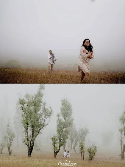 A two-panel image combining a wide, atmospheric shot of a misty field with a close-up of the couple running through it.