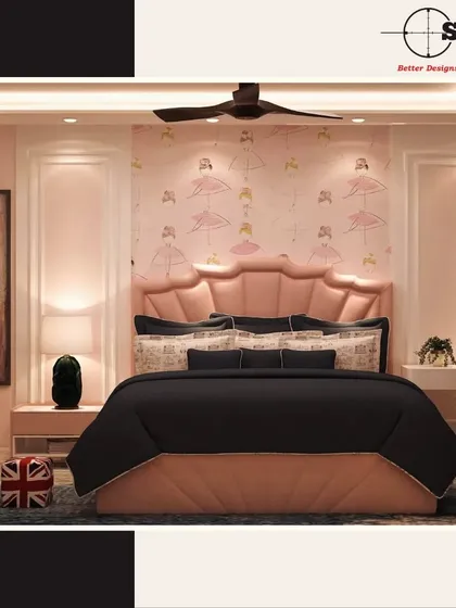 A whimsical bedroom designed for a little princess. The room features a custom pink scalloped headboard, ballerina-themed wallpaper, and soft lighting to create a magical and enchanting space.