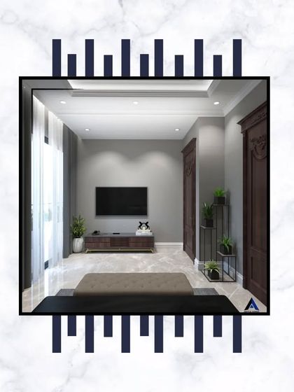 A concept for a minimalist media room or secondary bedroom. The clean lines, neutral color palette, and focus on uncluttered space create a modern and relaxing environment.