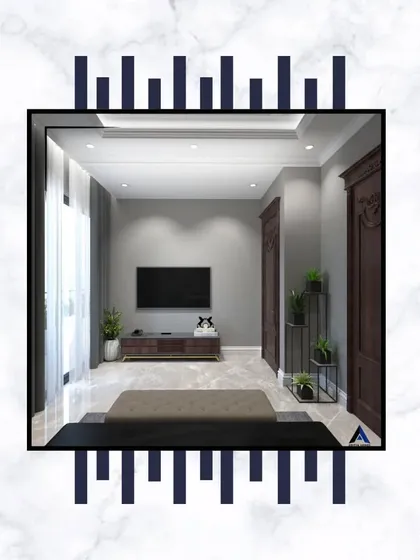 A concept for a minimalist media room or secondary bedroom. The clean lines, neutral color palette, and focus on uncluttered space create a modern and relaxing environment.