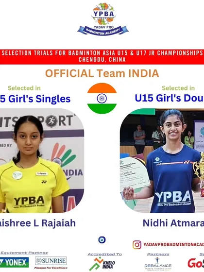 From our academy to the national squad. We congratulate our trainees Hithaishree and Nidhi for being selected to represent the official Team India at the Badminton Asia U15 Junior Championships.