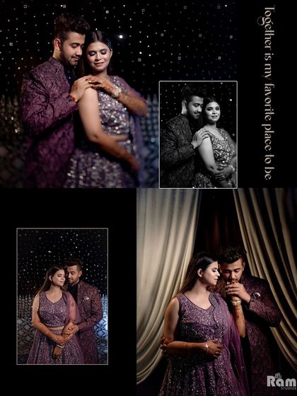 An artistic collage of the couple's engagement portraits against a starry background, creating a dreamy and romantic effect.