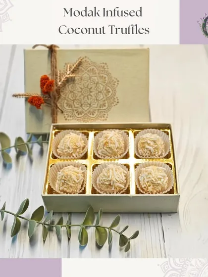 Our Modak Infused Coconut Truffles, an innovative and luxurious sweet treat for your festive celebrations.