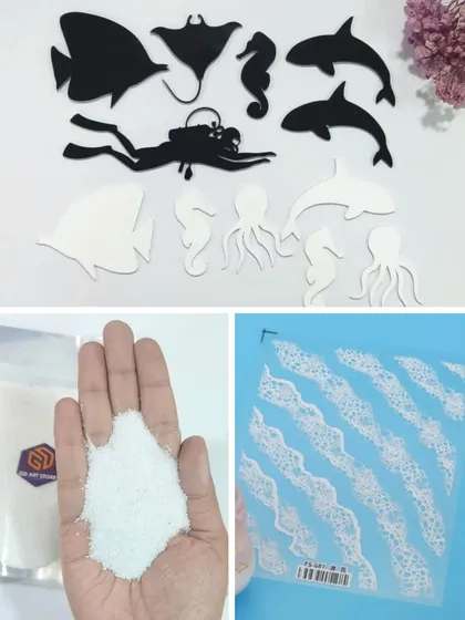 Create your own ocean art with our complete range of supplies. We offer everything from acrylic sea creature cutouts and white sand to special pigments for creating realistic wave effects.