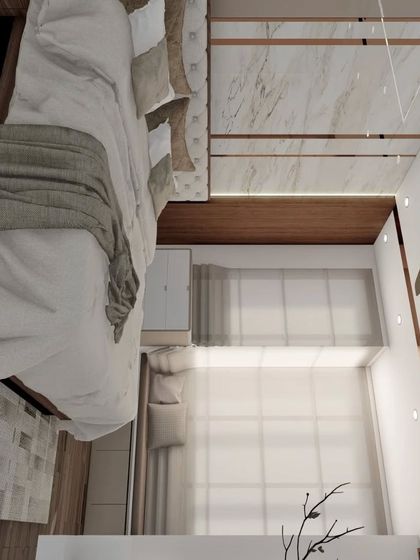 A duplicate of 96, showing a full view of the bedroom with its large windows, tufted headboard, and stylish wardrobe.