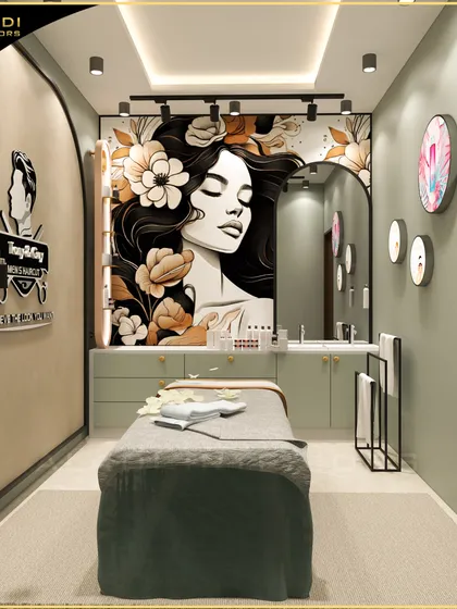 For this salon concept, I used a bold, artistic wall mural as the central design feature to create a vibrant and memorable space. The design integrates practical elements like a sleek vanity and track lighting with powerful branding and artistic expression.