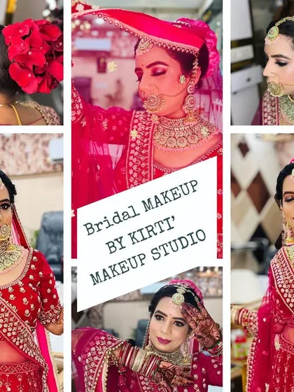 A collage of a bride in a vibrant red lehenga. It highlights her intricate hair bun decorated with red roses and her flawless makeup from various angles.