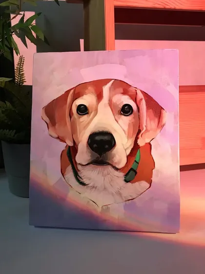 Here is another view of the finished acrylic portrait of Bruno. The light catching the canvas shows the texture and richness of the paint, giving the artwork a tangible, classic quality.