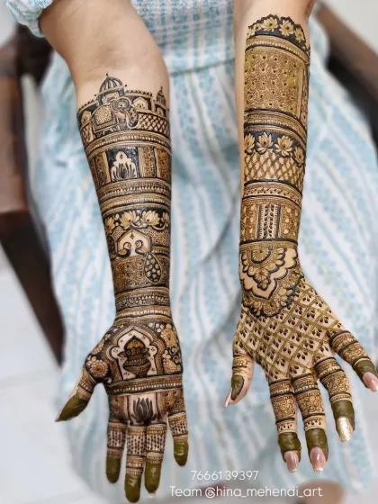 This design shows a mix of styles, with one hand featuring traditional Indian motifs like elephants and temples, and the other a more geometric pattern.