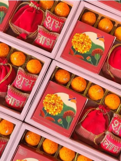 For Diwali, we created these festive hampers filled with traditional motichoor ladoos and auspicious 'Shubh Labh' pouches. It's a modern take on festive gifting that still feels authentic and warm.