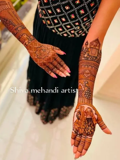 A unique design that shows a full wedding procession on one arm, complete with doli and baraat elements, while the other hand has a simpler, elegant pattern.