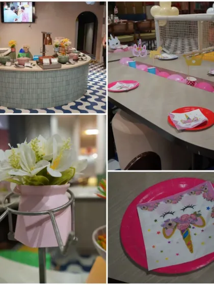 A closer look at our unicorn-themed dining setup. We use themed napkins and plates to make mealtime just as magical as playtime.