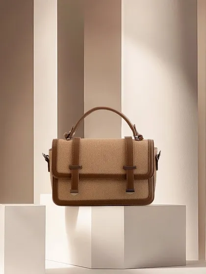 A beige and brown satchel shot against a background of clean, vertical lines. The neutral color palette and architectural elements give this image a refined, minimalist, and very chic aesthetic.