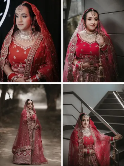 A collage of Shreya's bridal portraits, showcasing her in various settings and poses, from classic to candid.