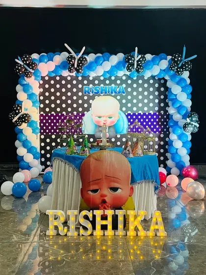 A fun and popular Boss Baby theme for Rishika's birthday. We designed a complete setup with a polka-dot backdrop, character cutouts, balloon pillars, and light-up marquee letters for a picture-perfect party.