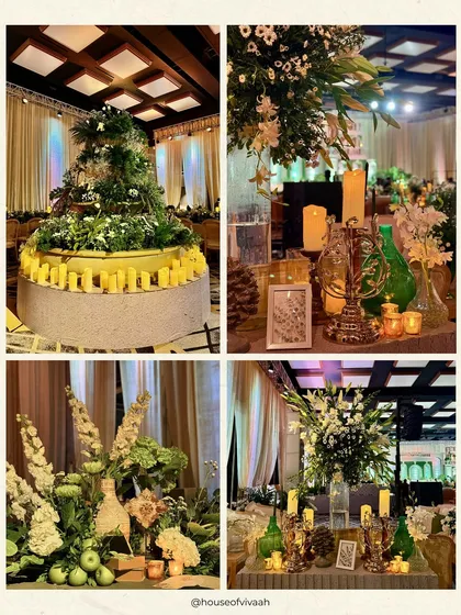 This selection of images further explores my garden-themed designs. You'll see details like rustic-chic tablescapes, cozy lounge nooks with floral-print cushions, grand mandap structures draped in foliage, and the strategic use of candlelight to create warmth and intimacy.