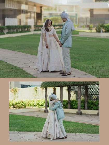 A simple and sweet first look in a garden. The sequence captures the bride's approach and their warm embrace, a quiet moment of connection before the ceremony.