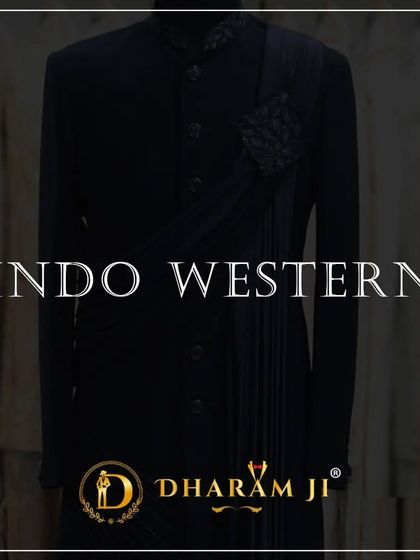Another graphic for the "INDO WESTERN" collection, this time featuring a sleek all-black design with a modern drape.