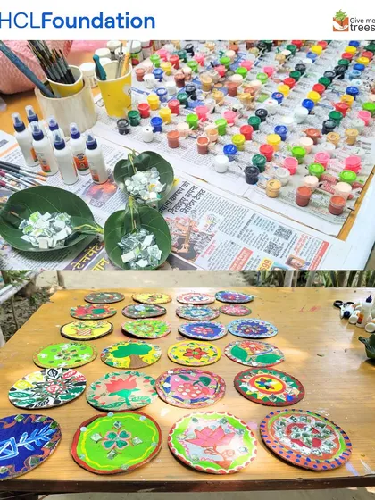 The setup for a mirror art workshop for local women at our Sorkha site, supported by HCL Foundation. We use art and craft as a tool for community engagement and empowerment.
