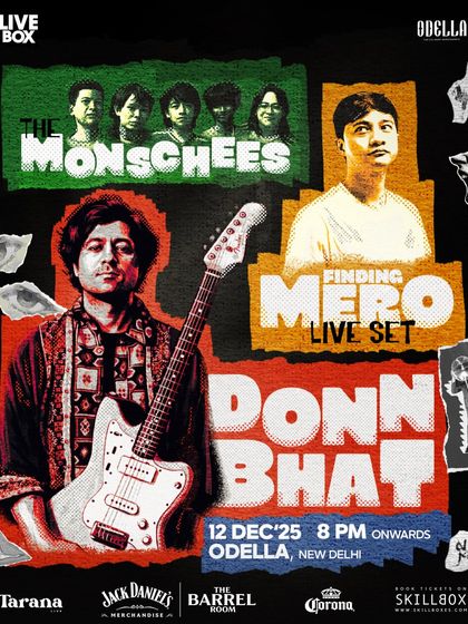 A collage-style poster for a multi-artist indie night featuring Donn Bhat. Our designs for indie events are creative, textured, and reflect the genre's DIY spirit.