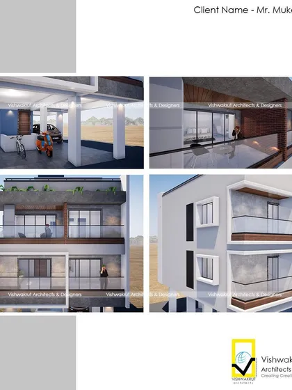 A collage showing multiple views of the stilt 4BHK house in Uran, including the parking area, balconies, and overall structure. This gives a comprehensive overview of the project.