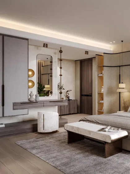 A guest bedroom in a Kasauli villa, featuring a sophisticated mix of textures and a neutral color palette. The render shows the integrated vanity and wardrobe.